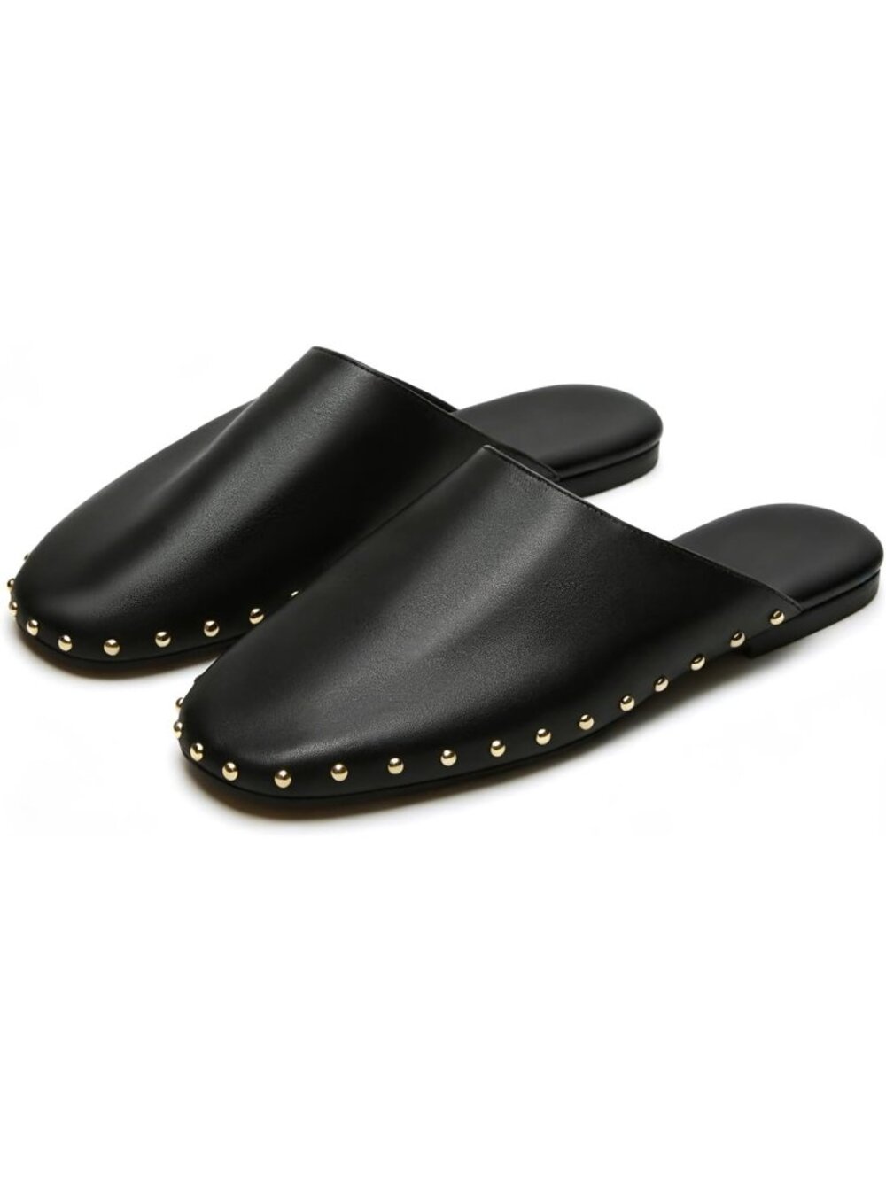 Women's Black Mules Comfortable Flats with Studded Backless Slip On Round